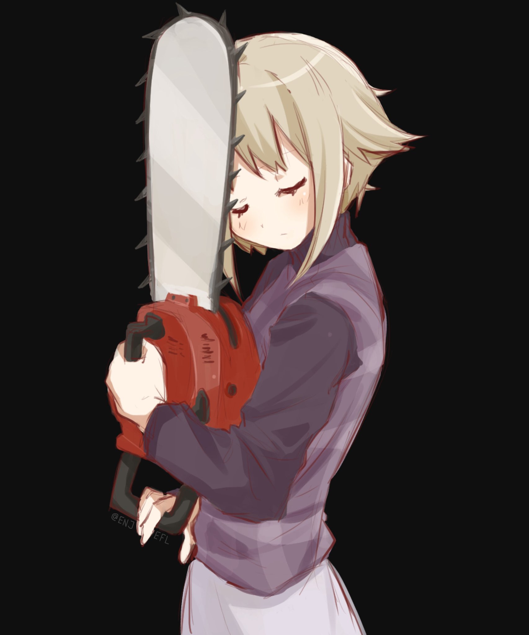 enjefl, urotsuki, yume 2kki, commentary, english commentary, highres, 1girl, black background, black sweater, blonde hair, chainsaw, closed eyes, closed mouth, cowboy shot, expressionless, from side, hair flaps, holding, holding chainsaw, hugging object, long sleeves, plaid clothes, plaid sweater vest, plaid vest, purple sweater vest, short hair, sidelocks, simple background, skirt, solo, sweater, sweater vest, twitter username, vest, white skirt