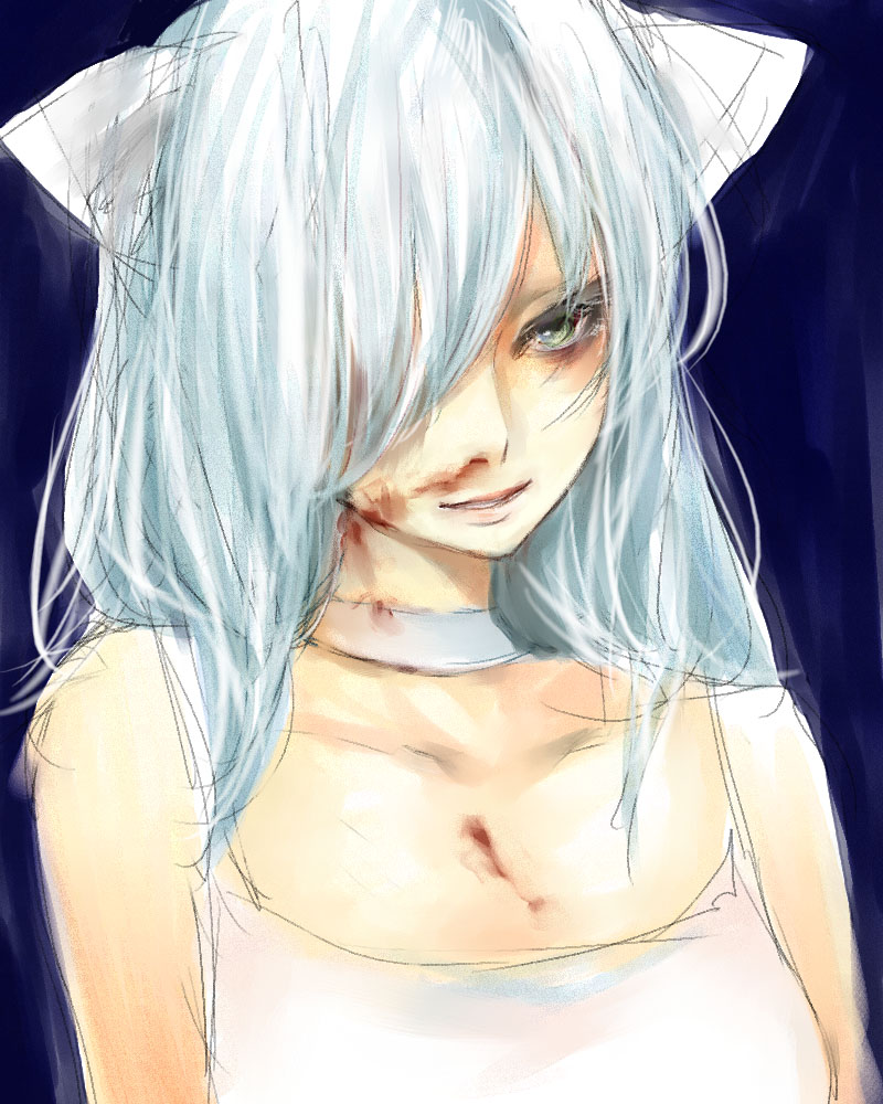 goshiki suzu, animal ears, blood, blue hair, gradient background, nosebleed, sketch, solo