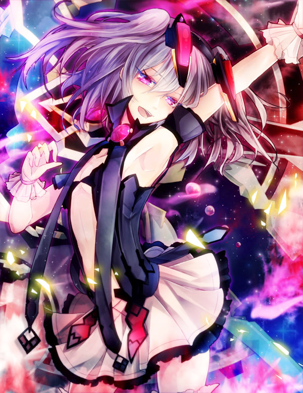 kirisame (fukahire oukoku), pharsalia, kai-ri-sei million arthur, million arthur (series), 1girl, arm up, armpits, black wrist cuffs, clothing cutout, flat chest, frilled wrist cuffs, frills, horns, mechanical horns, open mouth, purple hair, red eyes, skirt, solo, stomach cutout, two side up, white skirt, wrist cuffs