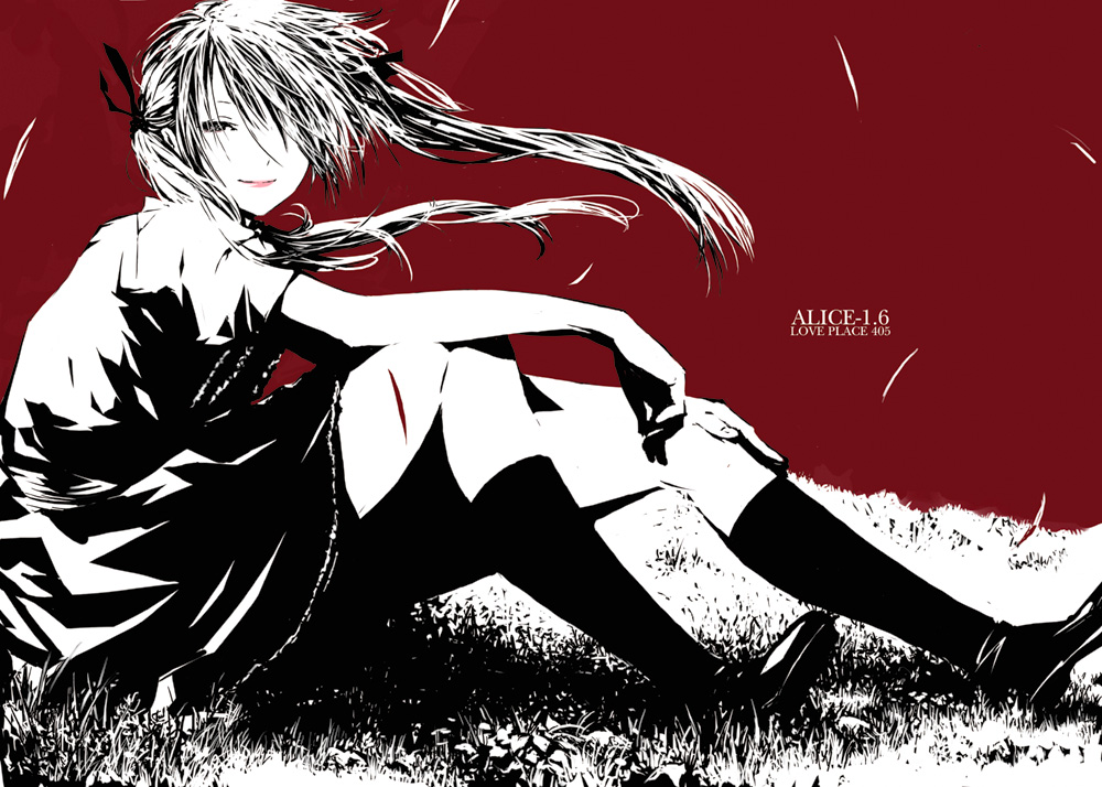 goshiki suzu, 1girl, female focus, hair over one eye, high contrast, lipstick, makeup, monochrome, red background, sitting, smile, solo, twintails