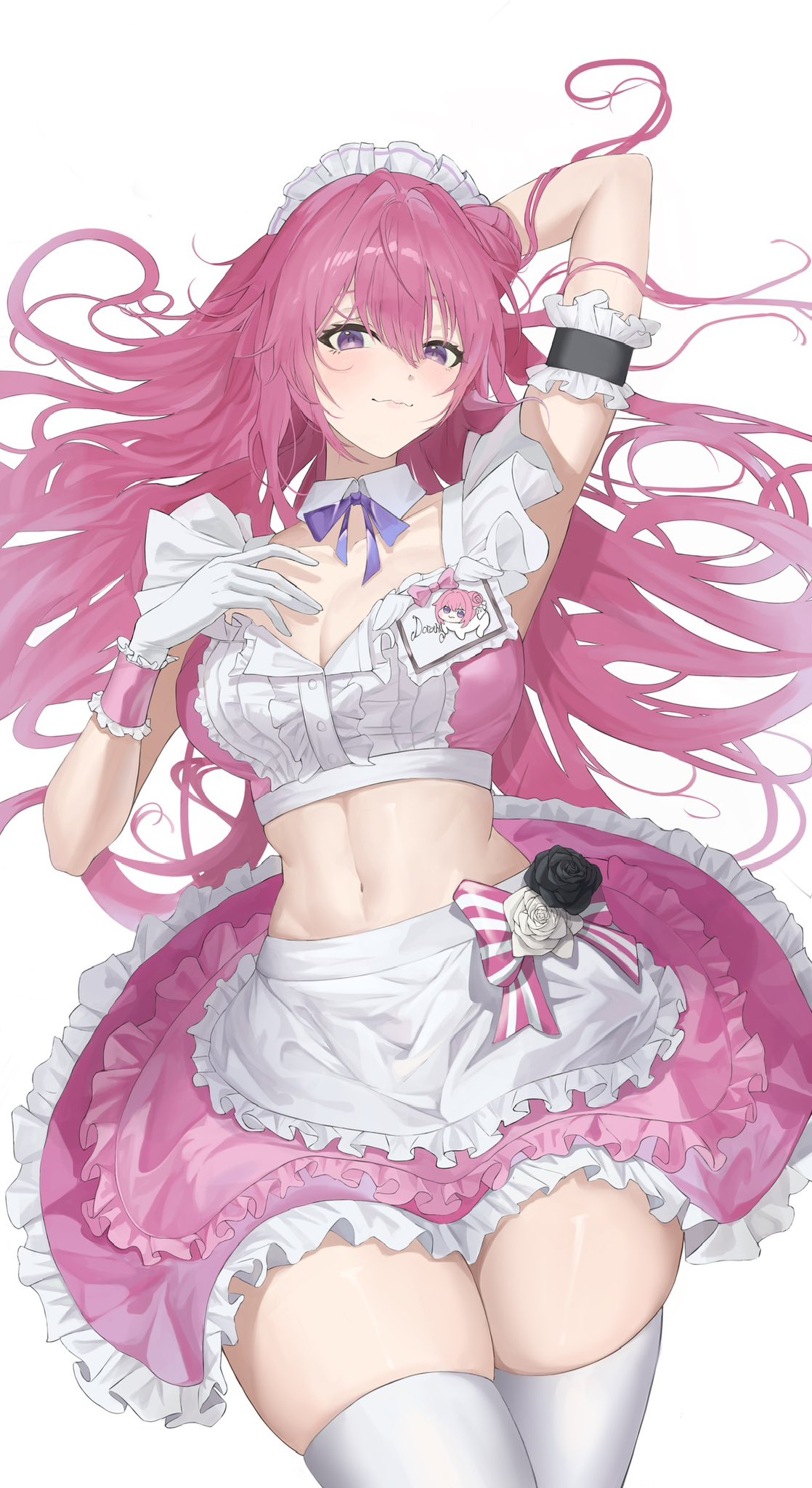 tada (pixiv41160771), doro (nikke), dorothy (nikke), goddess of victory: nikke, hashtag-only commentary, highres, 1girl, alternate costume, arm behind head, arm garter, badge, black flower, black ribbon, bow, breasts, cleavage, closed mouth, collar, cowboy shot, crop top, detached collar, flower, frilled skirt, frills, hair between eyes, hair spread out, large breasts, long hair, looking at viewer, lying, maid, maid headdress, miniskirt, navel, on back, pink bow, pink hair, pink ribbon, pink skirt, purple eyes, purple ribbon, ribbon, sidelocks, simple background, skirt, sleeveless, solo, stomach, thighhighs, thighs, white background, white collar, white flower, white skirt, white thighhighs