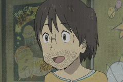 okonogi yuuko, dennou coil, animated, animated gif, anime screenshot, lowres, 00s, 1girl, beard, black hair, brown eyes, brown hair, facial hair, female focus, glasses, hqvga, indoors, missile, multiple boys, mushroom cloud, nuclear weapon, open mouth, short hair, solo, what