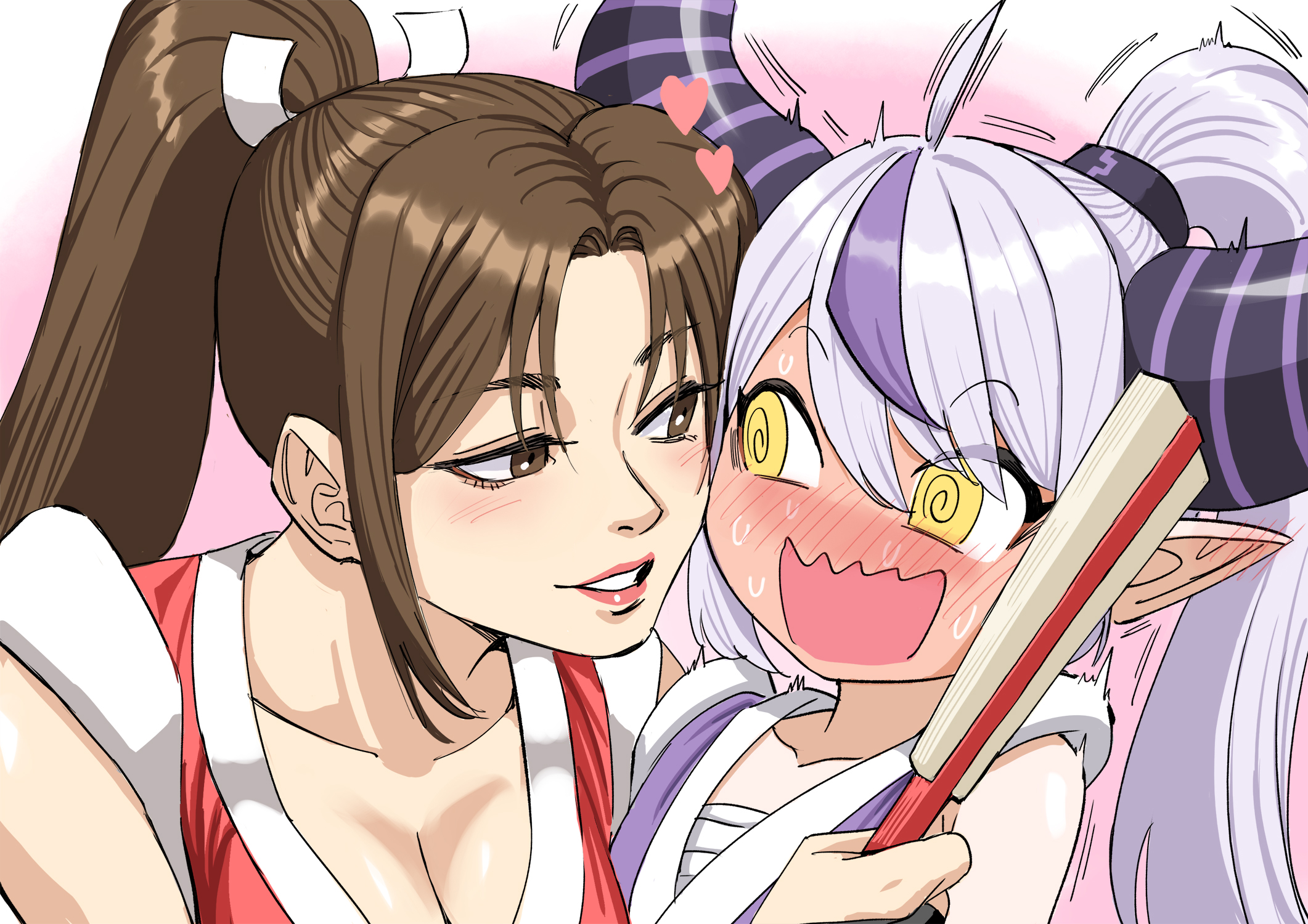 forest 1988, la+ darknesss, shiranui mai, fatal fury, hololive, snk, the king of fighters, highres, arm guards, bare shoulders, black horns, blush, breasts, brown eyes, brown hair, cleavage, crossover, demon girl, demon horns, folding fan, hand fan, high ponytail, horns, huge horns, japanese clothes, large breasts, long hair, multicolored hair, ninja, pointy ears, ponytail, purple hair, purple horns, revealing clothes, smile, streaked hair, striped horns, virtual youtuber, wrist guards, yuri