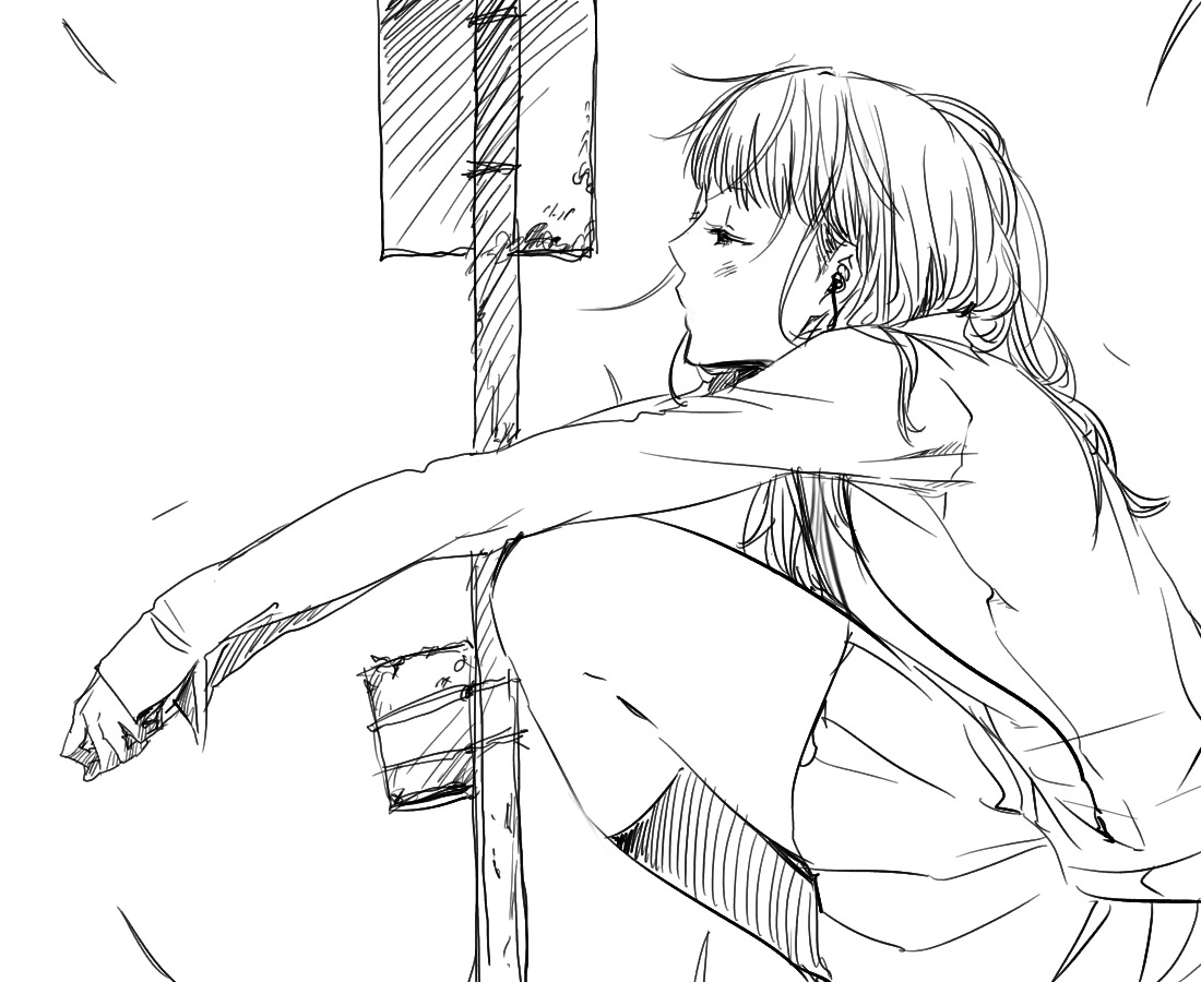 goshiki suzu, 1girl, earbuds, earphones, female focus, greyscale, headphones, monochrome, school uniform, serafuku, solo, squatting