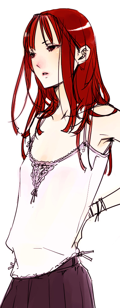 goshiki suzu, 1girl, camisole, female focus, flat chest, red hair, simple background, solo