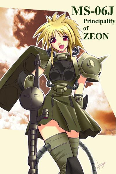 kaiga, zaku, zaku ii, zaku ii f/j, gundam, gundam ms igloo, mobile suit gundam, jpeg artifacts, 1girl, armor, blonde hair, character name, english text, female focus, gun, machine gun, mecha musume, open mouth, pauldrons, personification, red hair, shoulder armor, shoulder spikes, signature, solo, spikes, text focus, thighhighs, weapon, zaku ii j