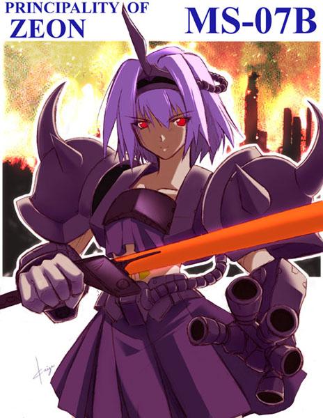 kaiga, gouf, gundam, mobile suit gundam, 1girl, english text, female focus, heat sword, looking at viewer, mecha musume, principality of zeon, purple hair, red eyes, short hair, solo, spikes, sword, weapon, zeon