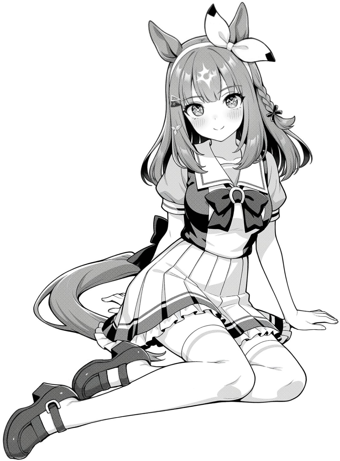 akagi koku, almond eye (umamusume), umamusume, commentary, highres, + +, 1girl, animal ears, back bow, blush, bow, bow hairband, bowtie, braid, breasts, closed mouth, collarbone, frilled skirt, frills, full body, greyscale, hairband, horse ears, horse girl, horse tail, large breasts, long hair, looking at viewer, monochrome, pleated skirt, sailor collar, school uniform, shirt, shoes, short sleeves, simple background, sitting, skirt, smile, solo, tail, thighhighs, tracen school uniform, zettai ryouiki