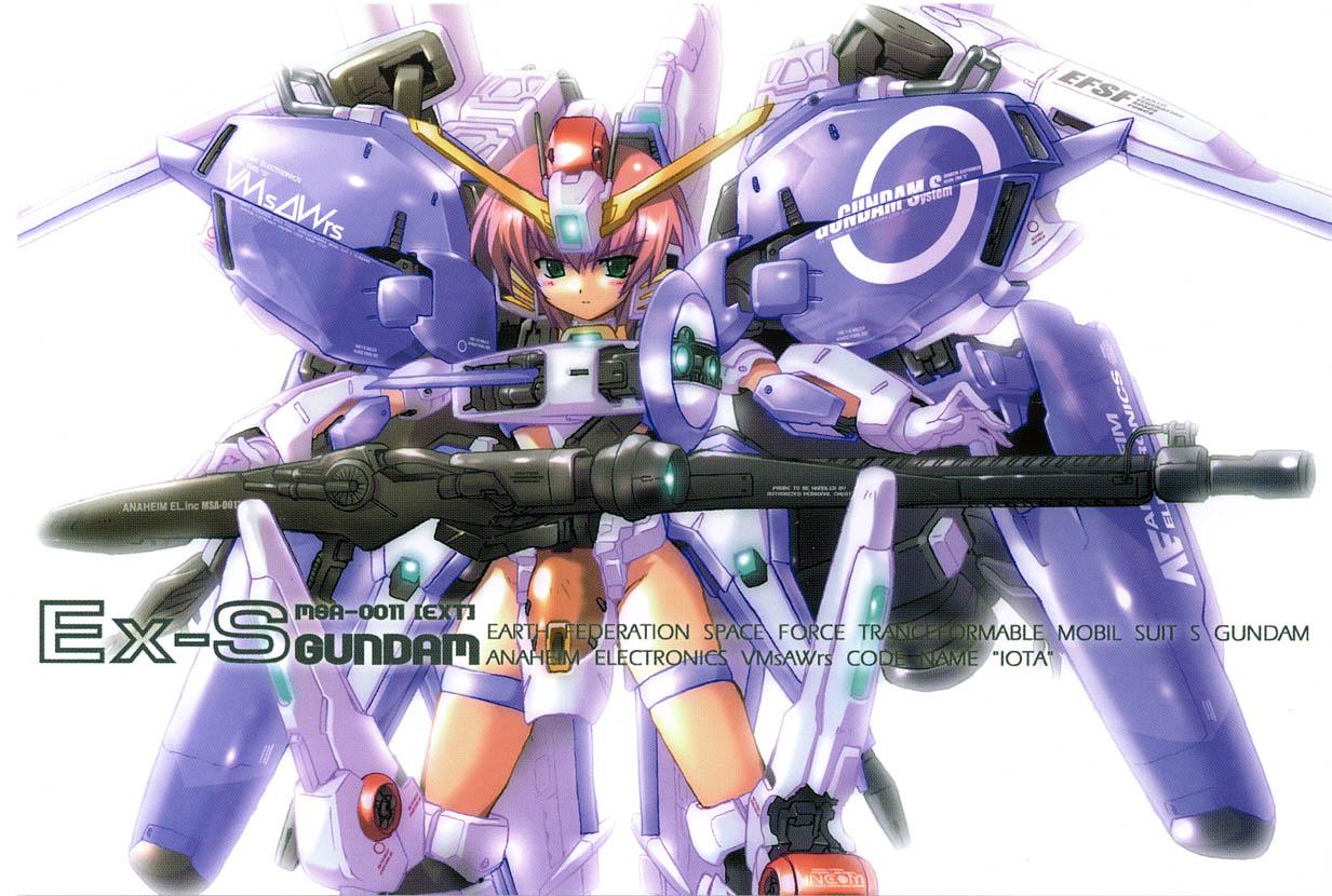 komatsu eiji, ex-s gundam, gundam, gundam sentinel, 1girl, blue eyes, female focus, gun, huge weapon, looking at viewer, machinery, mecha musume, pink hair, short hair, simple background, solo, weapon, white background