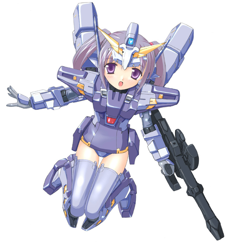 takayaki, huckebein, huckebein mk iii, banpresto, gundam, super robot wars, super robot wars original generation, silver hair, 1girl, female focus, gun, hair ornament, huckbein, mecha musume, one-piece swimsuit, purple eyes, solo, swimsuit, thighhighs, twintails, weapon
