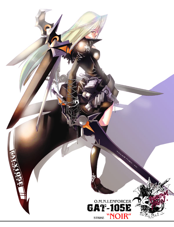 ky (nimbusky), strike noir, gundam, gundam seed, gundam seed c.e. 73: stargazer, 00s, 1girl, female focus, gradient hair, long hair, mecha musume, multicolored hair, solo, sword, thighhighs, weapon