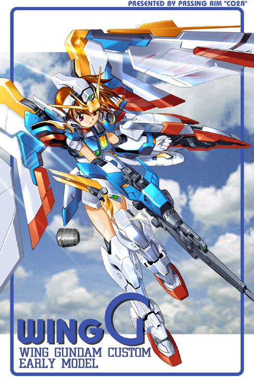 komatsu eiji, gundam wing ver-ka, wing gundam, wing gundam version ka, gundam, gundam wing, gundam wing: endless waltz, gundam wing endless waltz: glory of the losers, 1990s (style), beam rifle, brown hair, energy gun, gloves, gun, mecha musume, purple eyes, retro artstyle, short hair, sky, solo, weapon