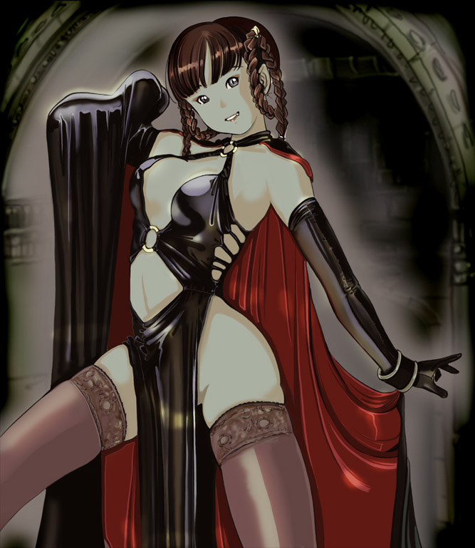yozora, lei fang, dead or alive, tecmo, 1girl, braid, cape, dress, elbow gloves, fang, fangs, female focus, gloves, latex, latex dress, latex gloves, midriff, pale skin, pelvic curtain, solo, thighhighs, twin braids, vampire