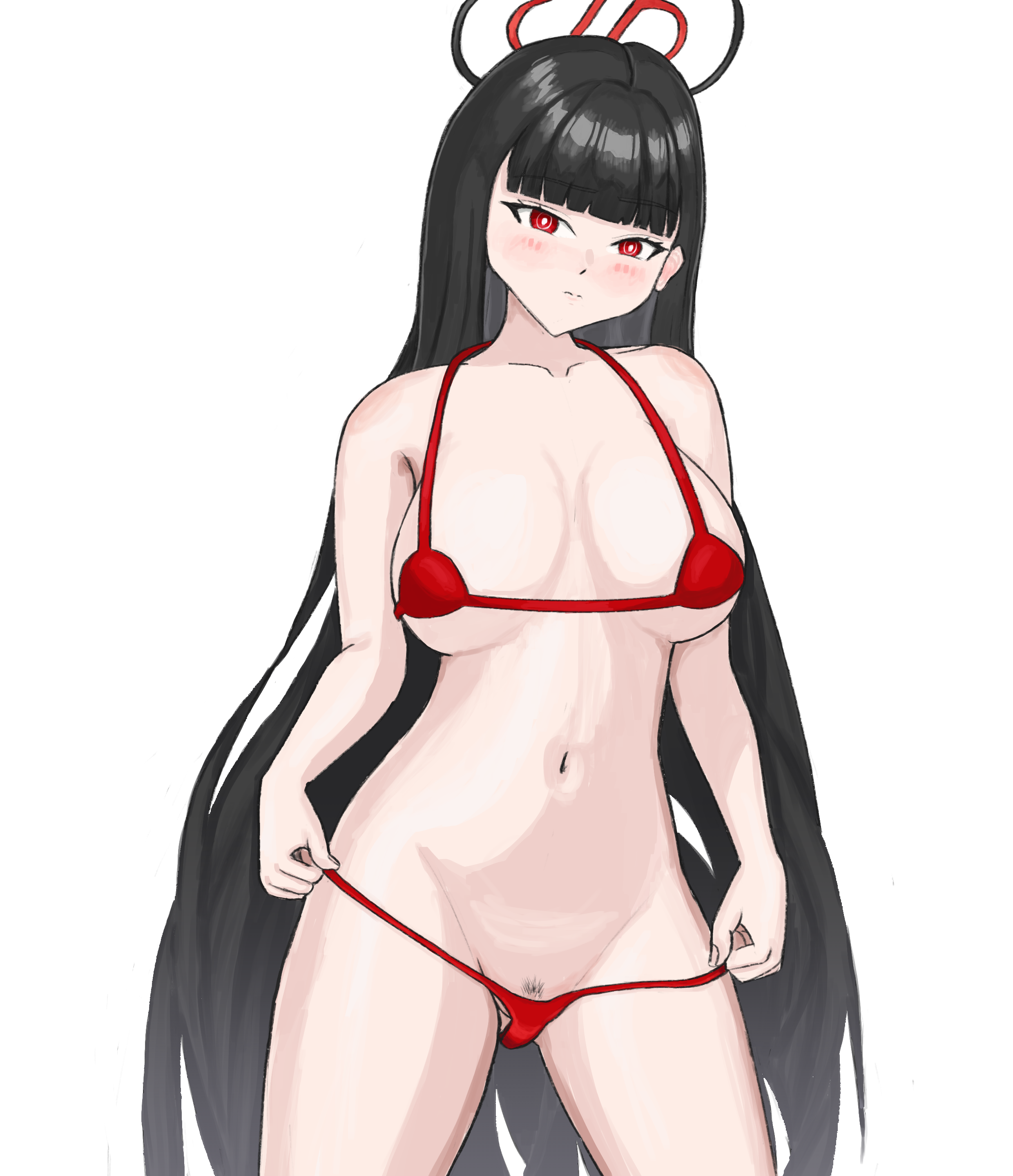 rio (blue archive), blue archive, absurdres, highres, non-web source, 1girl, black hair, blush, breasts, closed mouth, looking at viewer, red eyes, simple background, standing, swimsuit, white background