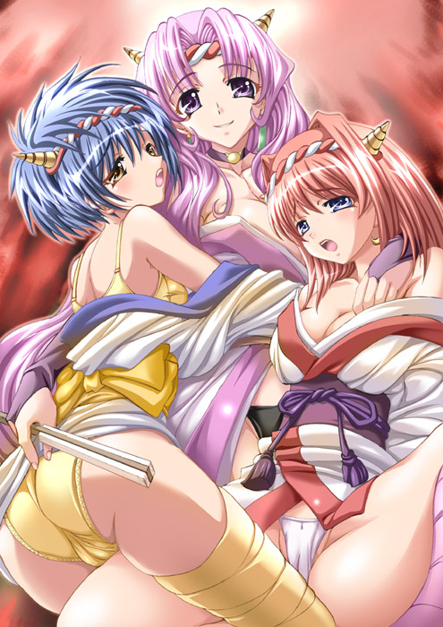shiruko (inosin), 3girls, blue eyes, blue hair, blush, cameltoe, choker, collar, demon girl, earrings, female focus, folded fan, folding fan, frottage, group hug, hand fan, horns, hug, jewelry, long hair, moaning, multiple girls, naughty face, oni, open mouth, panties, purple eyes, purple hair, red hair, short hair, thighhighs, underwear, yellow eyes, yuri