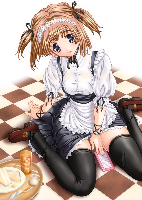 shiruko (inosin), blue eyes, brown hair, brown shoes, checkered floor, maid, shoes, solo, thighhighs, tray, twintails, two side up, waitress, zettai ryouiki