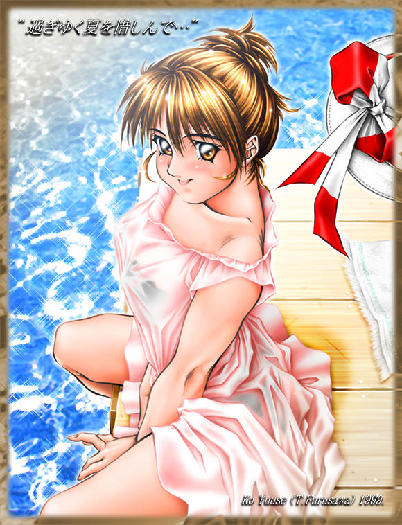 yuuse kouichi, original, 1girl, brown eyes, brown hair, female focus, pier, short hair, solo, water