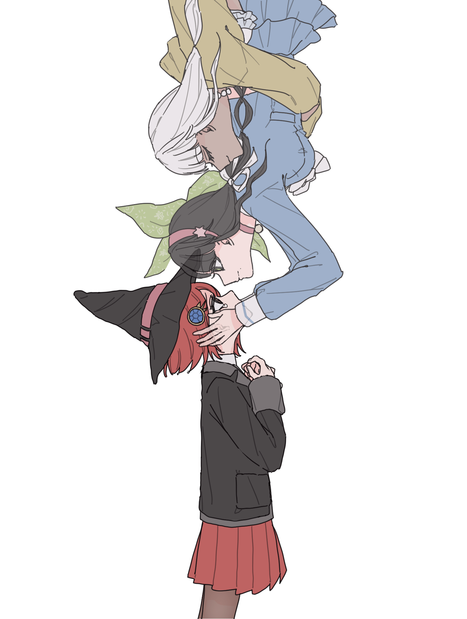 raamensusure, chabashira tenko, yonaga angie, yumeno himiko, danganronpa (series), danganronpa v3: killing harmony, commentary request, highres, 3girls, arms around waist, black hair, black jacket, choker, closed eyes, collared jacket, dark-skinned female, dark skin, eyelashes, floating, from side, gem hair ornament, green eyes, hair ornament, hairband, hands on another's cheeks, hands on another's face, hat, hat belt, jacket, layered skirt, long hair, long sleeves, low twintails, multiple girls, pantyhose, pink choker, pink hairband, pleated skirt, profile, raincoat, red eyes, red hair, red skirt, school uniform, shirt, short hair, simple background, skirt, smile, standing, tearing up, twintails, white background, white hair, witch hat, yellow raincoat