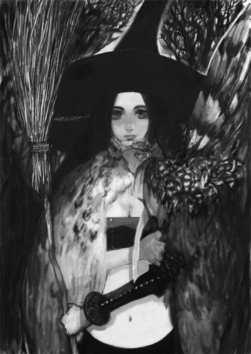 tomatika, 1girl, breasts, broom, cape, cleavage, female focus, greyscale, hat, medium breasts, midriff, monochrome, solo, witch, witch hat