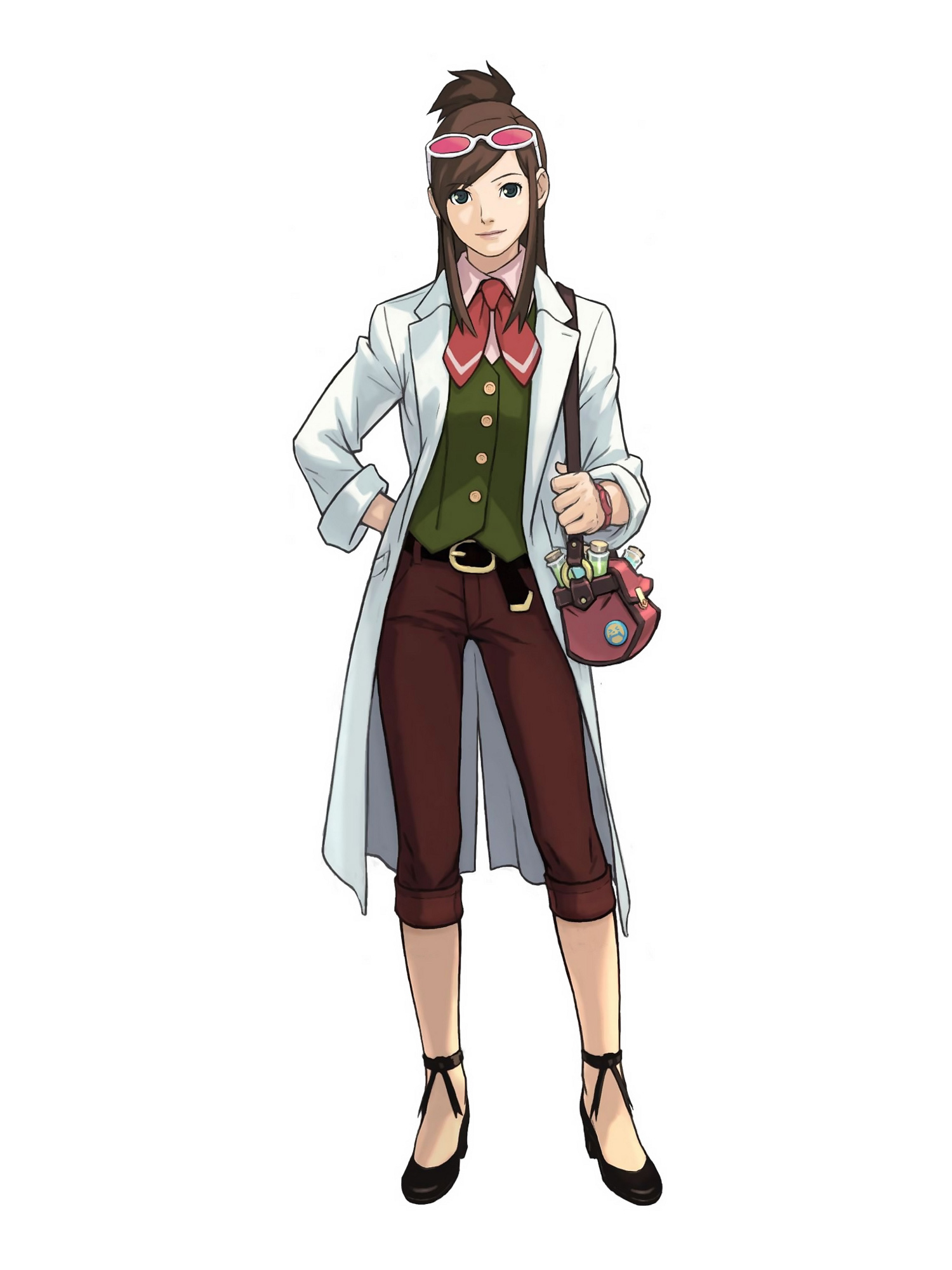 edaki shin'ya, ema skye, ace attorney, apollo justice: ace attorney, capcom, highres, official art, 1girl, black shoes, brown eyes, brown hair, female focus, glasses, half updo, lab coat, shoes, simple background, sleeves rolled up, solo, white background
