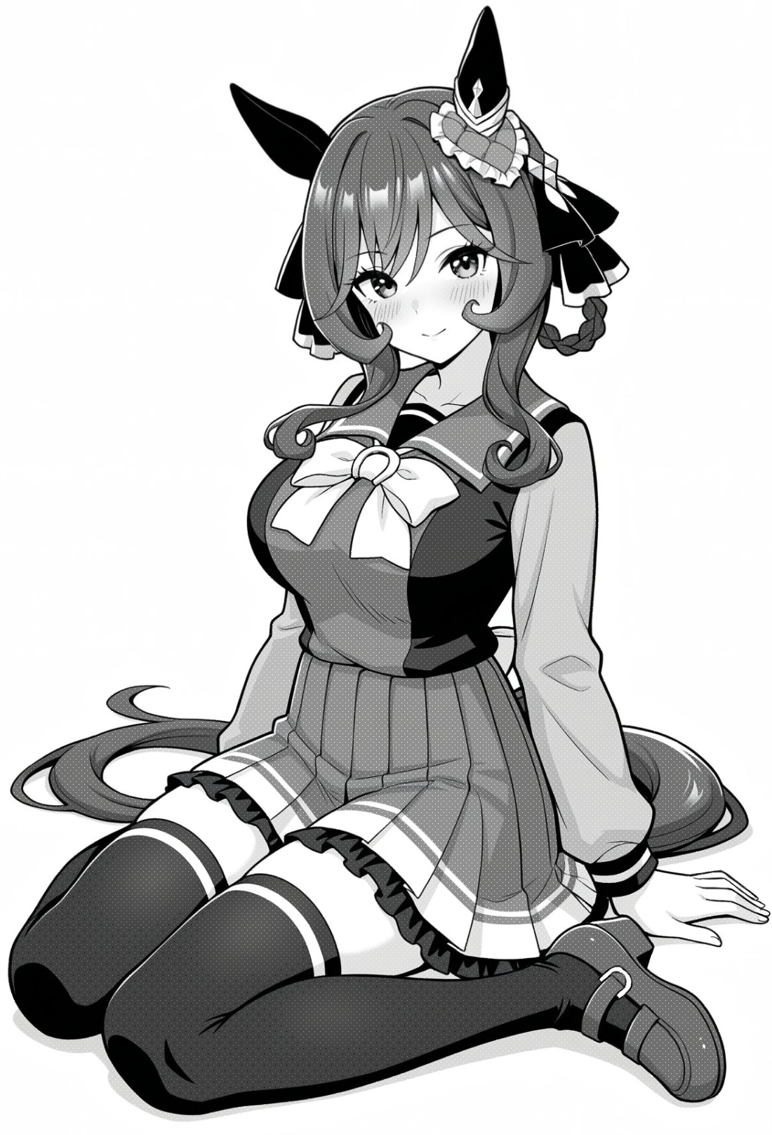 akagi koku, gentildonna (umamusume), umamusume, commentary, highres, 1girl, animal ears, blush, bow, bowtie, breasts, closed mouth, collarbone, frilled skirt, frills, full body, greyscale, hair ribbon, horse ears, horse girl, horse tail, large breasts, long hair, long sleeves, looking at viewer, monochrome, pleated skirt, ribbon, sailor collar, school uniform, shirt, shoes, simple background, sitting, skirt, smile, solo, tail, thighhighs, tracen school uniform, wariza, zettai ryouiki
