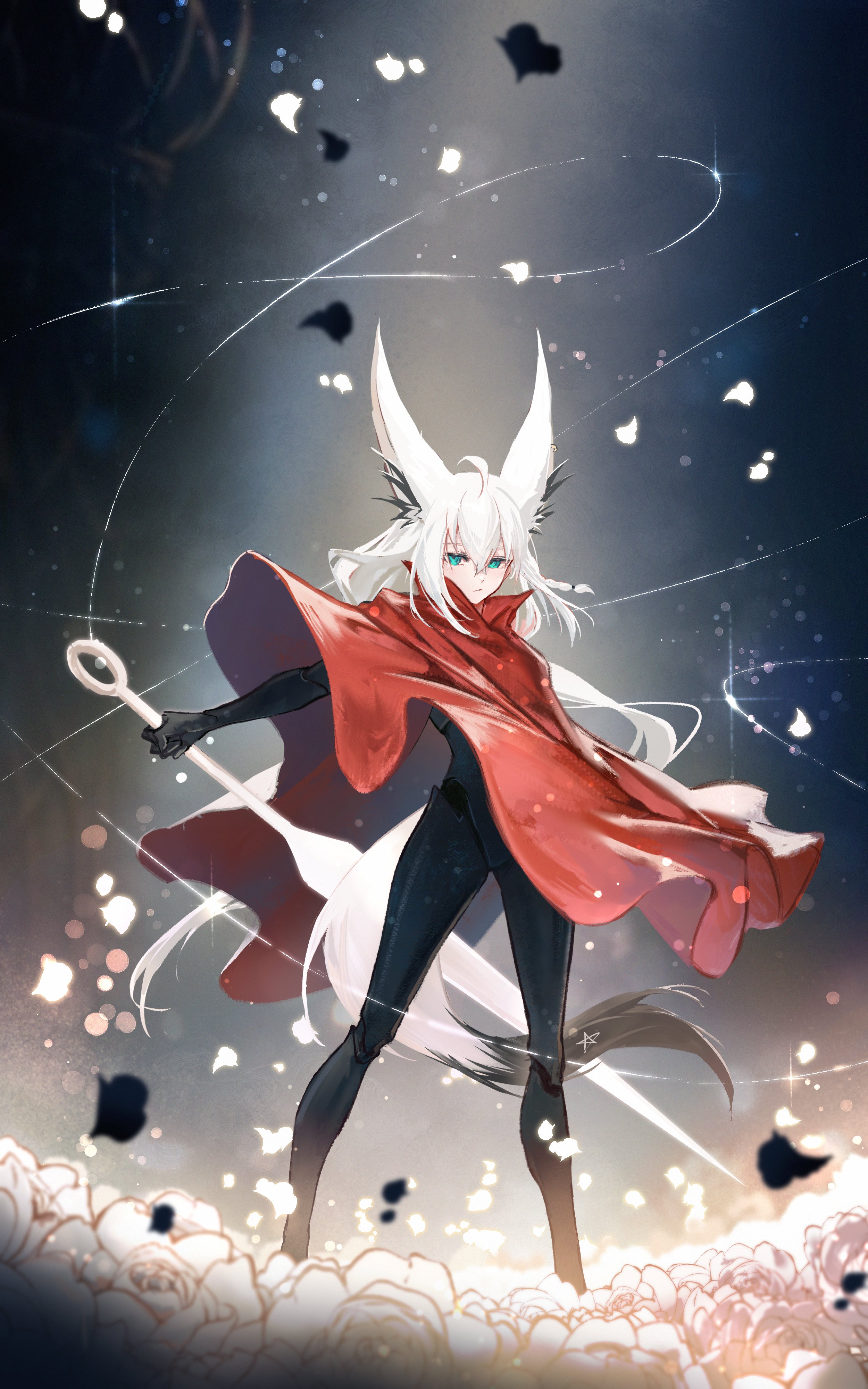 hyde (tabakko), hornet (hollow knight), shirakami fubuki, hollow knight, hollow knight: silksong, hololive, absurdres, commentary, english commentary, highres, 1girl, ahoge, animal ear fluff, animal ear piercing, animal ears, aqua eyes, braid, cloak, cosplay, double-parted bangs, expressionless, falling petals, flower, fox ears, fox girl, fox tail, full body, hair between eyes, holding, holding behind back, holding sword, holding sword behind back, holding weapon, holding weapon behind back, hornet (hollow knight) (cosplay), long hair, looking at viewer, low ponytail, pentagram, petals, ponytail, red cloak, side braid, single braid, solo, standing, sword, tail, virtual youtuber, weapon, white flower, white hair