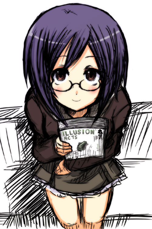 oribe aoi, myself yourself, 00s, 1girl, black skirt, blush, female focus, long sleeves, looking at viewer, looking up, purple eyes, purple hair, short hair, simple background, sitting, skirt, smile, solo, white background