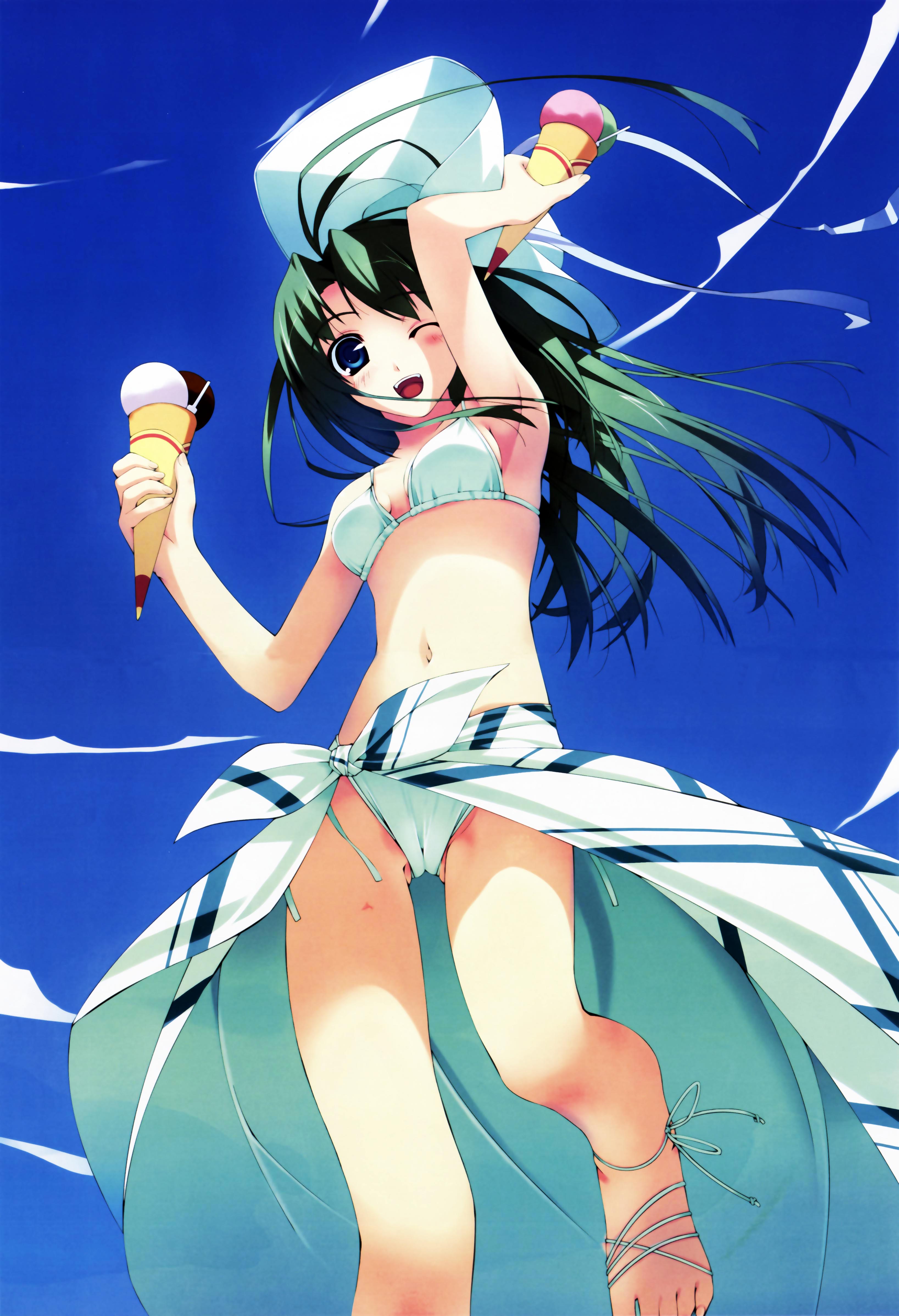 murakami suigun, natsuiro no sunadokei, absurdres, highres, 00s, 1girl, bikini, blue eyes, blush, cameltoe, day, female focus, food, green hair, hat, ice cream, long hair, one eye closed, sandals, sarong, side-tie bikini bottom, sky, solo, swimsuit, wink