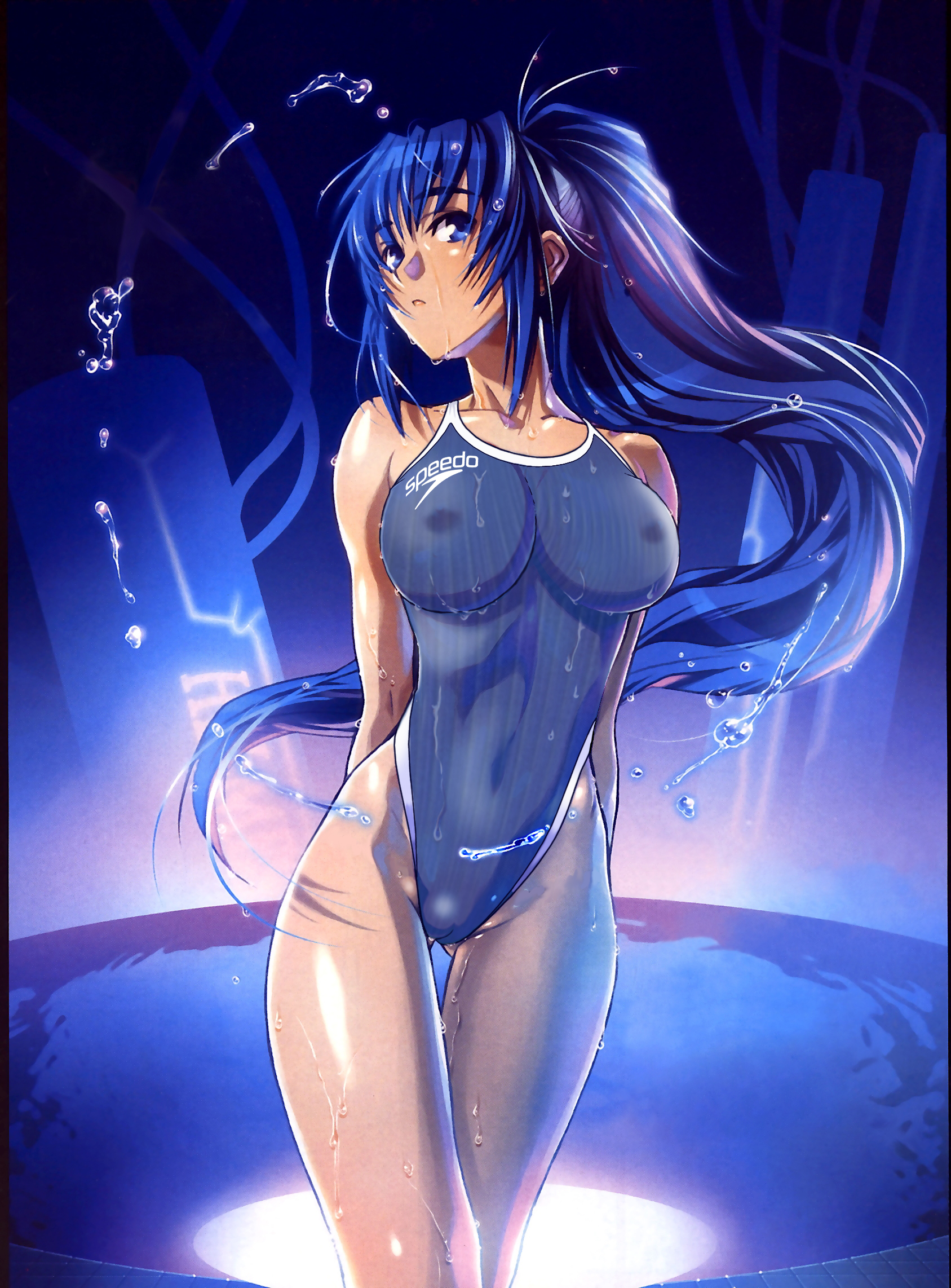 hayase mitsuki, kimi ga nozomu eien, speedo (company), highres, third-party edit, 00s, 1girl, :o, arms behind back, blue eyes, blue hair, breasts, cameltoe, competition school swimsuit, competition swimsuit, covered erect nipples, crossed legs, female focus, glowing, highleg, highleg one-piece swimsuit, huge breasts, impossible clothes, impossible swimsuit, large breasts, long hair, looking at viewer, matching hair/eyes, one-piece swimsuit, open mouth, ponytail, product placement, school swimsuit, see-through clothes, shiny skin, sidelocks, sitting, solo, standing, swimsuit, thigh gap, thighs, very long hair, water, wet, wet hair