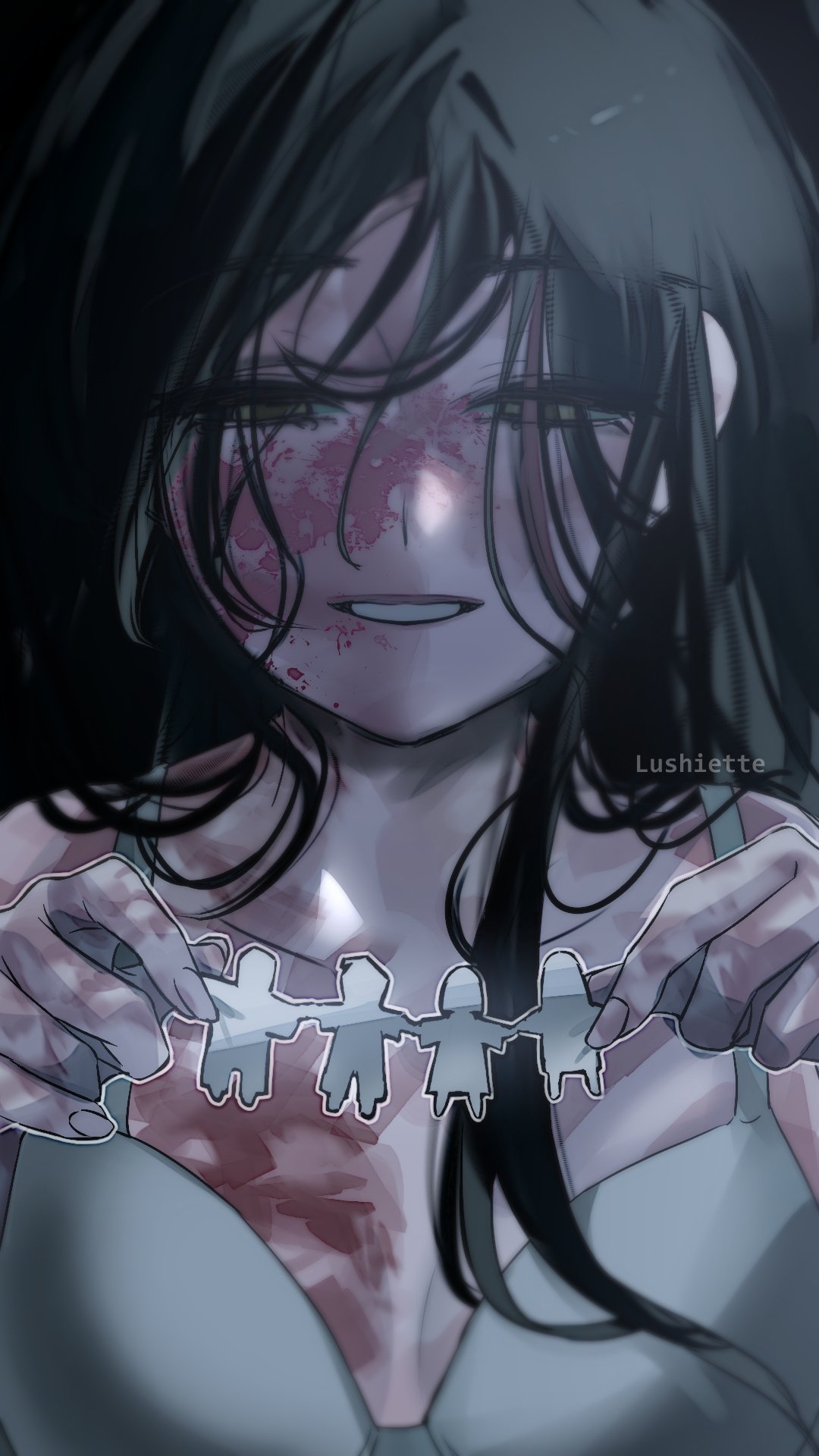 lushiette, mizi (alien stage), alien stage, commentary, english commentary, highres, 1girl, anniversary, artist name, black hair, bra, breasts, burn scar, grey bra, holding, long hair, paper doll, paper doll chain, scar, scar on chest, scar on face, scar on hand, smile, solo, underwear