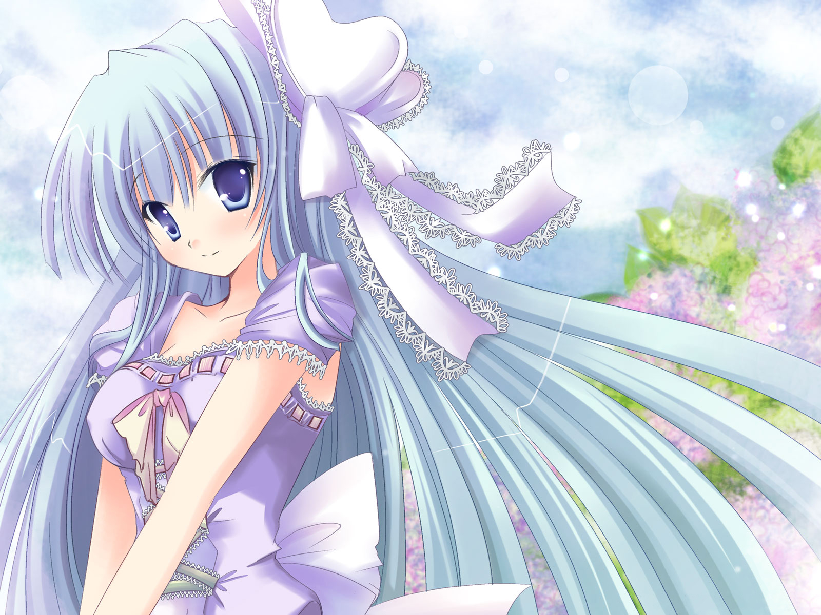 hinata momo, izumi makoto, original, highres, 1girl, blue eyes, blue hair, blush, dress, female focus, hair ornament, long hair, looking at viewer, matching hair/eyes, ribbon, smile, solo, very long hair