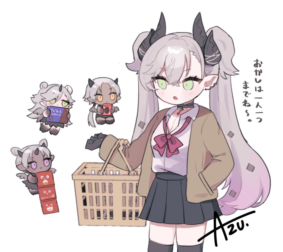 azu (kirara310), lilith (fate), fate/grand order, fate (series), blush, brown jacket, demon horns, drei (fate), eins (fate), green eyes, horns, jacket, leggings, open clothes, open jacket, open mouth, orange eyes, purple eyes, shirt, shopping basket, signature, twintails, white hair, white shirt, zwei (fate)