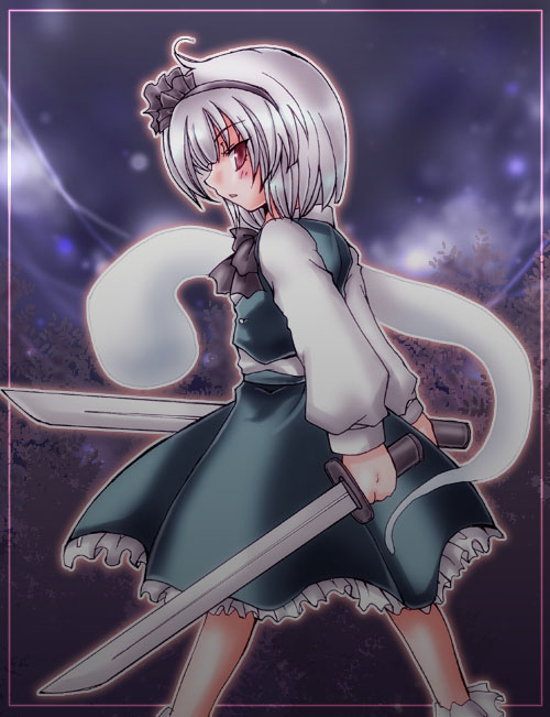 yoroi nau, konpaku youmu, konpaku youmu (ghost), touhou, 1girl, blush, dress, dual wielding, female focus, frilled dress, frills, green dress, headband, hitodama, holding, open mouth, profile, short hair, solo, standing, sword, weapon, white hair