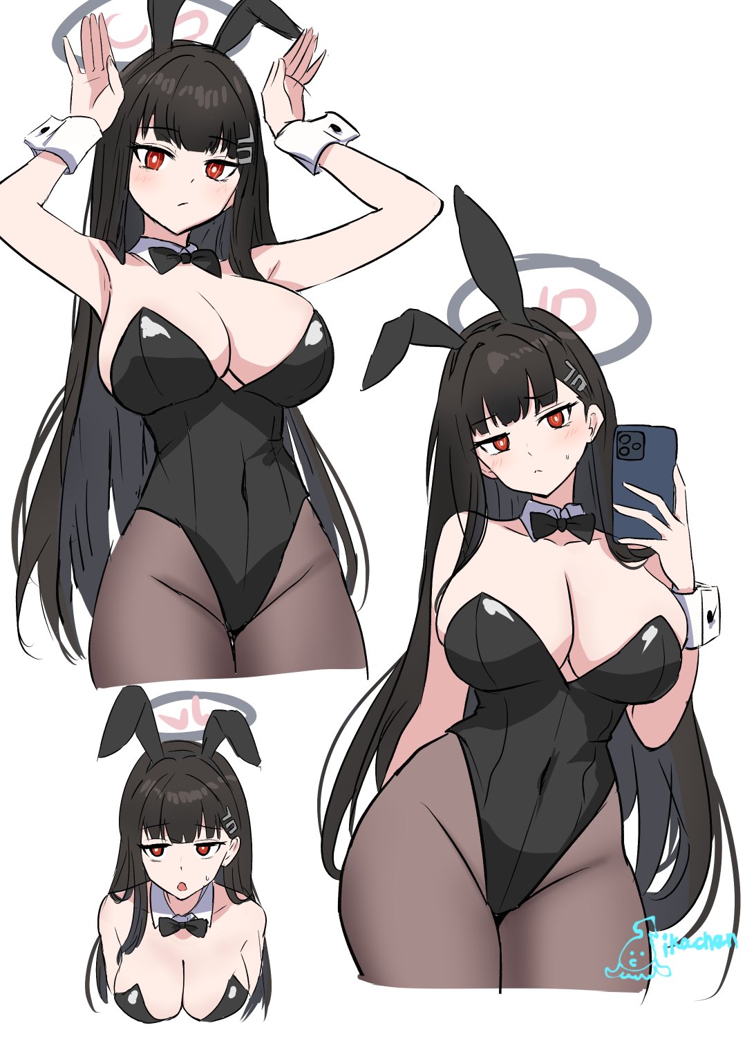 ikachan (norach57), rio (blue archive), blue archive, highres, 1girl, alternate costume, animal ears, bare shoulders, black bow, black bowtie, black hair, black halo, black leotard, blunt bangs, blush, bow, bowtie, breasts, bright pupils, cleavage, collarbone, covered navel, detached collar, fake animal ears, groin, hair ornament, hairclip, halo, highleg, highleg leotard, holding, holding phone, large breasts, leotard, long hair, looking at viewer, multicolored halo, multiple views, open mouth, pantyhose, phone, rabbit ears, rabbit pose, red eyes, red halo, signature, strapless, strapless leotard, two-tone halo, white pupils, wrist cuffs