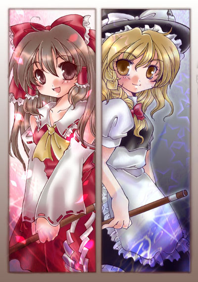 yoroi nau, hakurei reimu, kirisame marisa, touhou, eyebrows, 2girls, :d, apron, arm at side, ascot, black hair, black hat, blonde hair, border, bow, braid, broom, brown eyes, brown hair, collarbone, detached sleeves, female focus, frilled apron, frills, glowing, gohei, gradient background, hair between eyes, hair bow, hair tubes, hat, hat bow, hat ribbon, holding, holding broom, long hair, looking at viewer, magic circle, multiple girls, open mouth, red bow, red ribbon, red skirt, ribbon, ribbon-trimmed sleeves, ribbon trim, shide, shirt, single braid, skirt, skirt set, smile, sparkle, split screen, star (symbol), v arms, waist apron, white apron, white bow, white ribbon, white shirt, witch hat