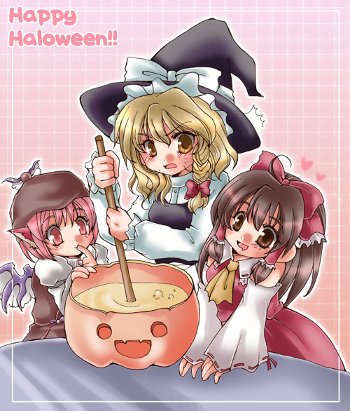 yoroi nau, hakurei reimu, kirisame marisa, mystia lorelei, touhou, 3girls, blonde hair, cooking, female focus, halloween, happy halloween, hat, multiple girls, pink background, typo, witch hat