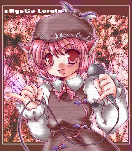 yoroi nau, mystia lorelei, touhou, 1girl, animal ears, brooch, character name, dress, female focus, hat, jewelry, microphone, no wings, open mouth, pink eyes, pink hair, pinky out, short hair, smile, solo