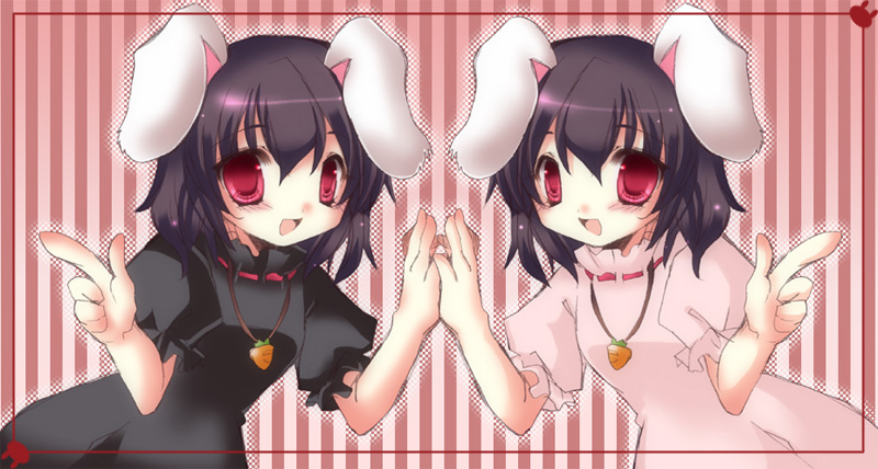 yoroi nau, inaba tewi, touhou, 2girls, alternate color, animal ears, blush, brown hair, carrot, dress, dual persona, female focus, index finger raised, jewelry, multiple girls, pendant, player 2, rabbit ears, short hair, smile, symmetrical hand pose, symmetry