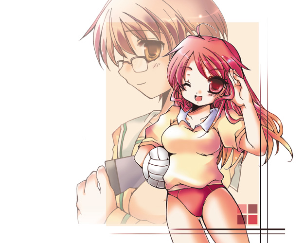 yoroi nau, aihara mizuho, shinjou saori, shizuku (game), 2girls, ;d, ahoge, ball, blush, book, buruma, crossed arms, glasses, gym uniform, head tilt, multiple girls, one eye closed, open mouth, over-rim eyewear, red hair, semi-rimless eyewear, shirt, short sleeves, smile, standing, volleyball, volleyball (object), yellow shirt