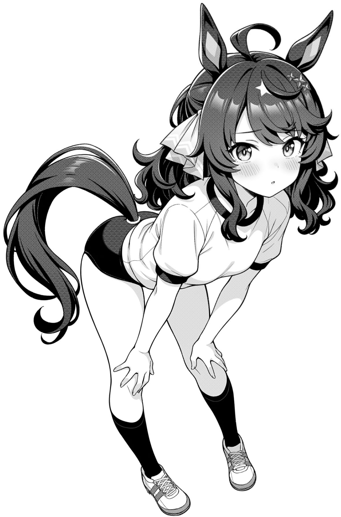 akagi koku, daring tact (umamusume), umamusume, commentary, highres, 1girl, ahoge, animal ears, blush, buruma, full body, greyscale, gym shirt, gym uniform, hair ribbon, hands on own knees, horse ears, horse girl, horse tail, long hair, monochrome, parted lips, ribbon, shirt, shoes, short sleeves, simple background, sneakers, socks, solo, standing, tail