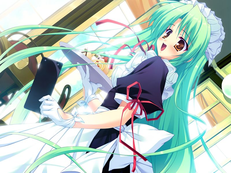 munyuu, midorikawa yuu, purely (game), game cg, jpeg artifacts, 1girl, apron, female focus, gloves, green hair, long hair, smile, solo, waitress, yellow eyes