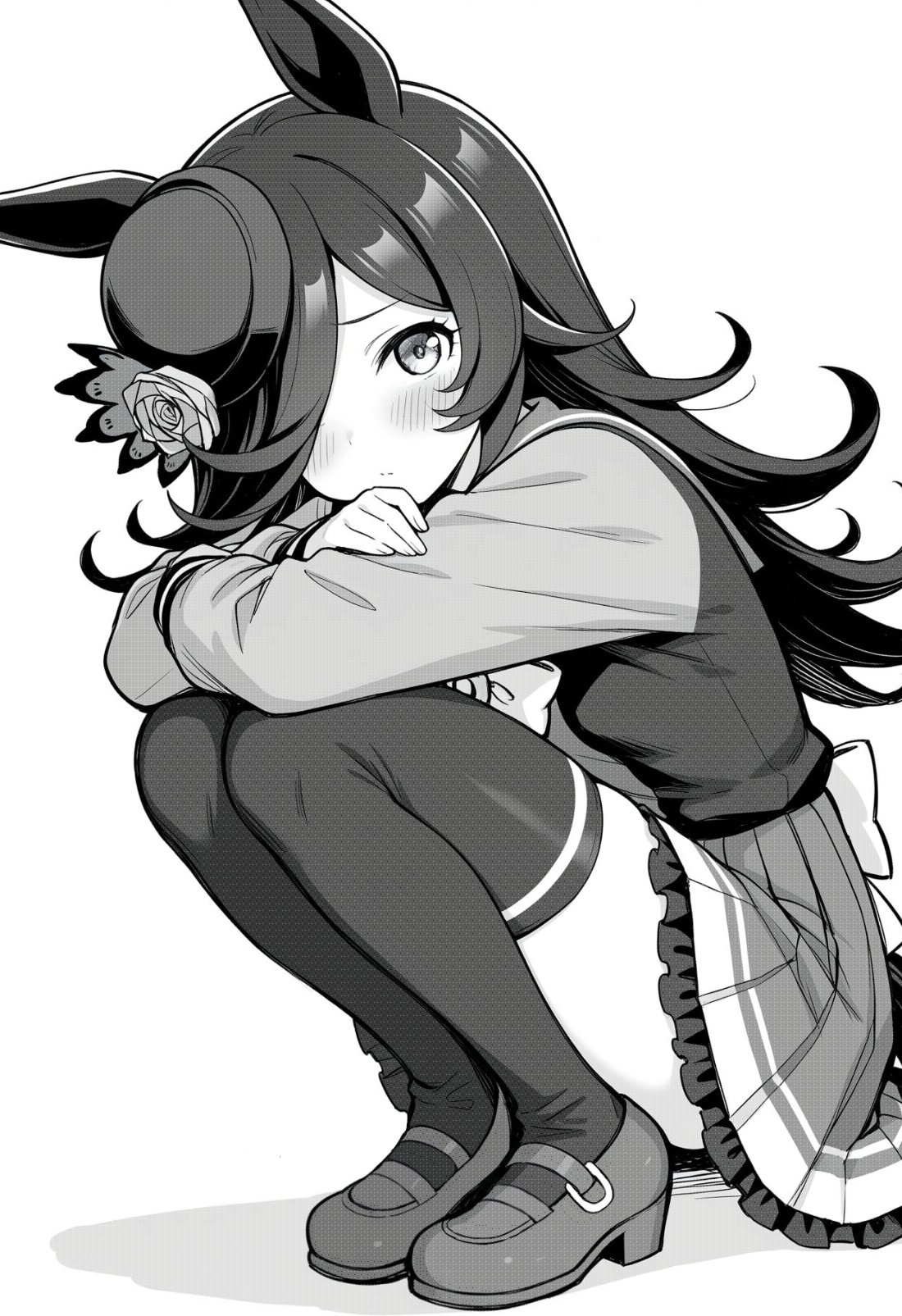 akagi koku, rice shower (umamusume), umamusume, commentary, highres, 1girl, animal ears, back bow, blush, bow, bowtie, closed mouth, frilled skirt, frills, full body, greyscale, hair over one eye, hat, horse ears, horse girl, horse tail, hugging own legs, knees up, long hair, long sleeves, looking at viewer, monochrome, pleated skirt, school uniform, shirt, shoes, simple background, sitting, skirt, solo, tail, thighhighs, tracen school uniform, zettai ryouiki