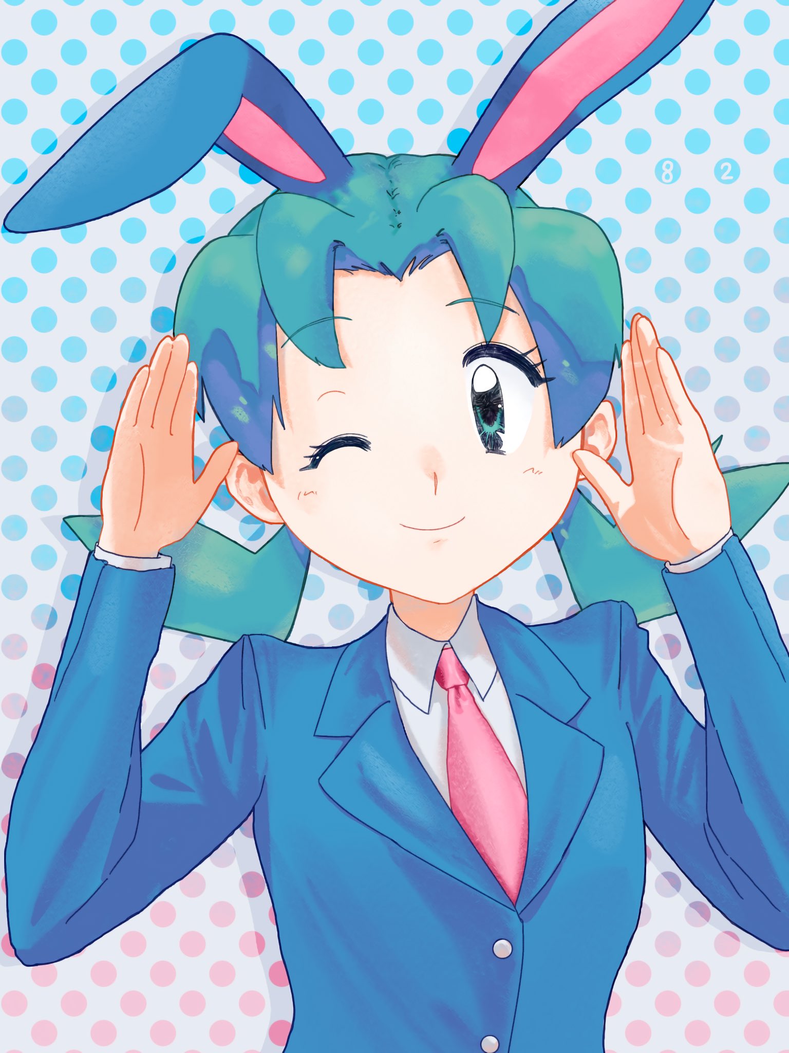 fogo 45, kris (pokemon), nintendo, pokemon, pokemon gsc, highres, 1girl, alternate costume, animal ears, blue eyes, blue hair, bunny day, looking at viewer, necktie, one eye closed, pink necktie, polka dot, polka dot background, rabbit ears, solo, upper body