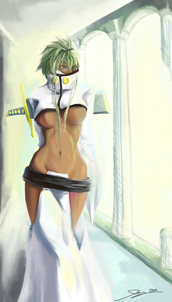 david dong, lgsg-9sniper01, tier harribel, bleach, 00s, 1girl, arrancar, blonde hair, blue eyes, breasts, colonnade, column, dark-skinned female, dark skin, female focus, hollow (bleach), large breasts, number tattoo, pillar, revealing clothes, solo, sword, tattoo, underboob, weapon