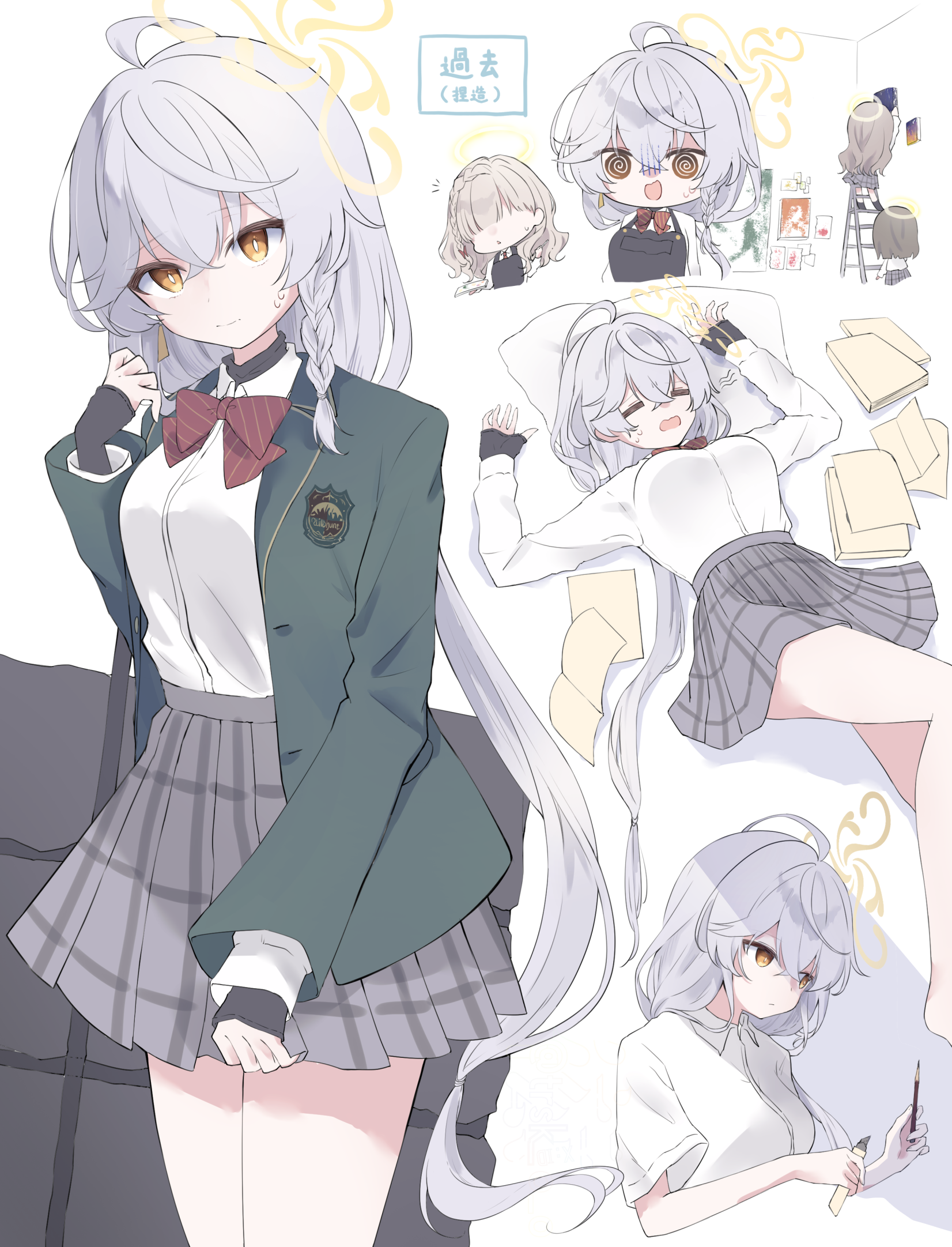 eri (blue archive), blue archive, highres, 4girls, @ @, aged down, ahoge, alternate costume, blazer, bow, bowtie, boxcutter, braid, breasts, carrying, deformed, dress shirt, exhausted, gloom (expression), green jacket, grey skirt, holding, holding boxcutter, holding pencil, jacket, large breasts, long hair, long sleeves, lying, multiple girls, multiple views, no headwear, on back, painting (object), paper, papers, pencil, pillow, red bow, red bowtie, shirt, skirt, trsko o, very long hair, wavy hair, white hair, wildhunt art academy student (smg) (blue archive), yellow eyes