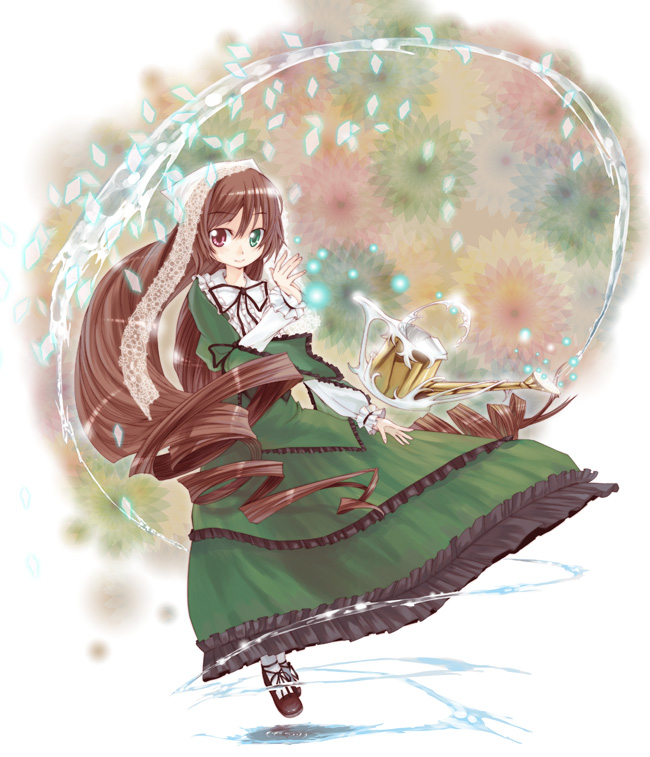 katou kouki, suiseiseki, rozen maiden, 00s, 1girl, brown hair, dress, female focus, full body, green dress, green eyes, headscarf, layered dress, long hair, long sleeves, looking at viewer, red eyes, solo, white headscarf