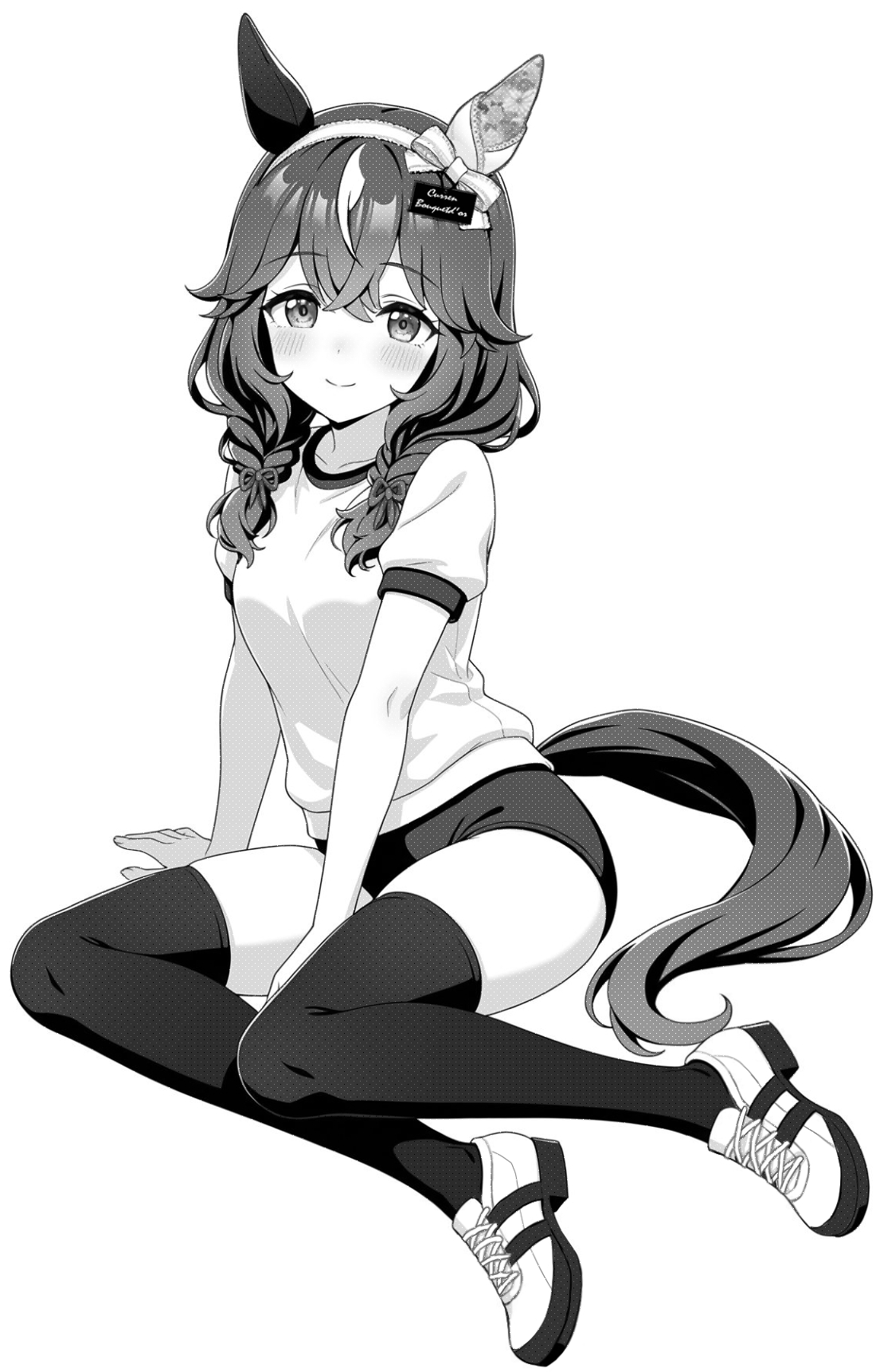 akagi koku, curren bouquetd'or (umamusume), umamusume, commentary, highres, 1girl, animal ears, blush, braid, buruma, closed mouth, collarbone, full body, greyscale, gym shirt, gym uniform, hair between eyes, hairband, horse ears, horse girl, horse tail, long hair, looking at viewer, monochrome, shirt, shoes, short sleeves, simple background, sitting, smile, sneakers, solo, tail, thighhighs, twin braids