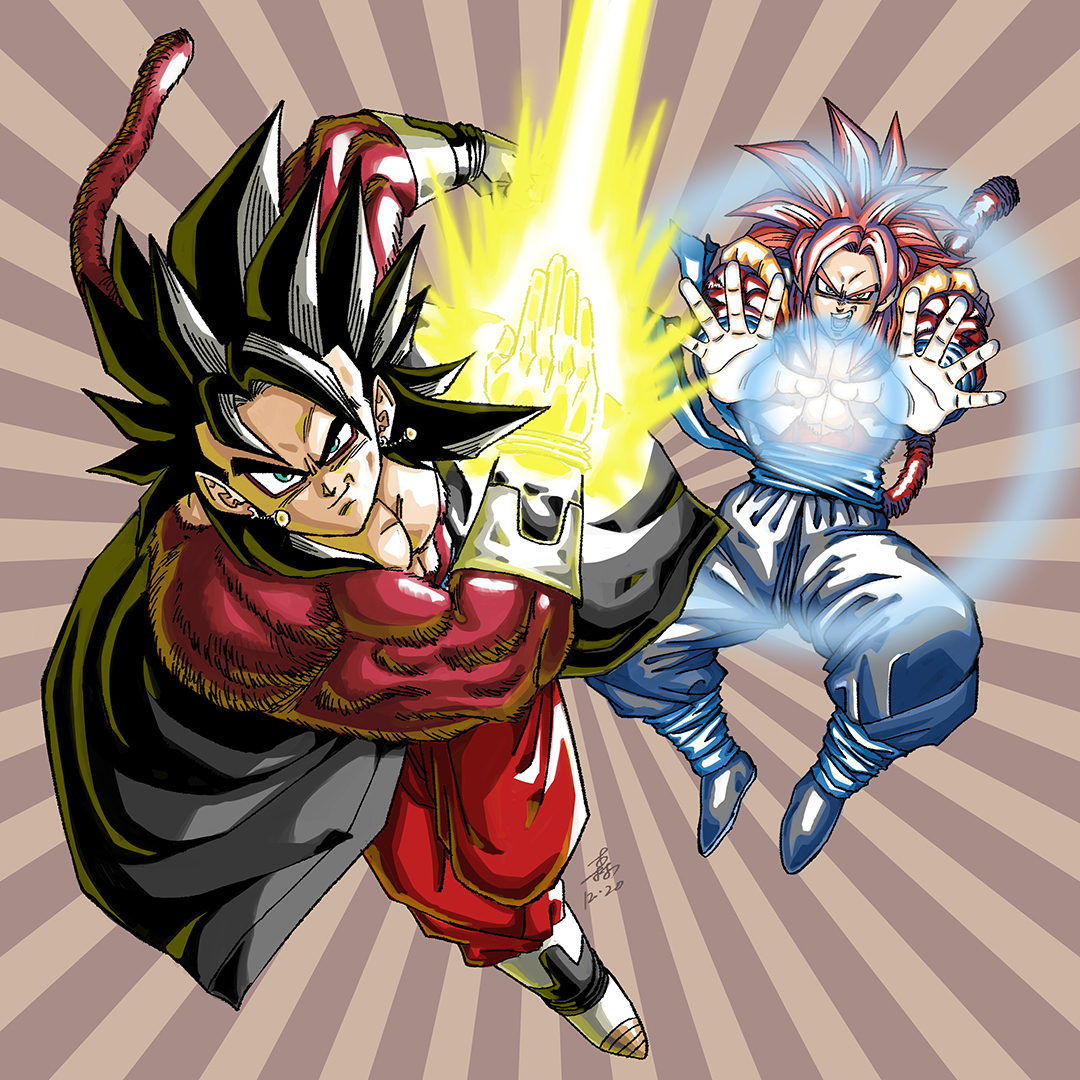 forest 1988, gogeta, vegetto, vegetto (xeno), dragon ball, dragon ball gt, dragon ball heroes, big bang kamehameha, black hair, blue eyes, blue sash, body fur, dougi, earrings, energy blade, gloves, incoming attack, jewelry, kamehameha (dragon ball), long hair, looking at viewer, male focus, metamoran vest, monkey boy, monkey tail, multiple boys, muscular, muscular male, no nipples, open mouth, pants, pectorals, potara earrings, powering up, red fur, red hair, saiyan, sash, spiked hair, super saiyan, super saiyan 4, tail, time patrol (dragon ball), white pants