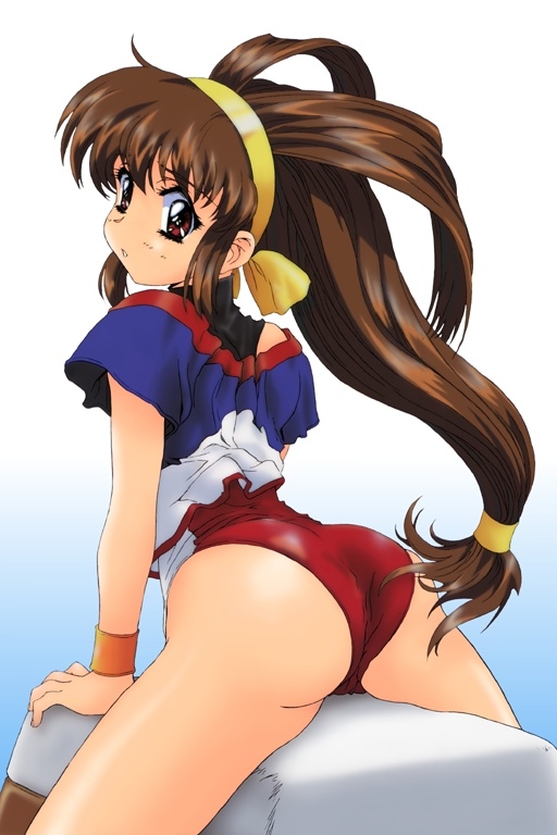kawarajima kou, kanzaki akari, battle athletes, 1990s (style), 1girl, ass, brown hair, gym uniform, hairband, leotard, long hair, looking back, low-tied long hair, ponytail, purple eyes, red leotard, retro artstyle, vaulting horse, wristband