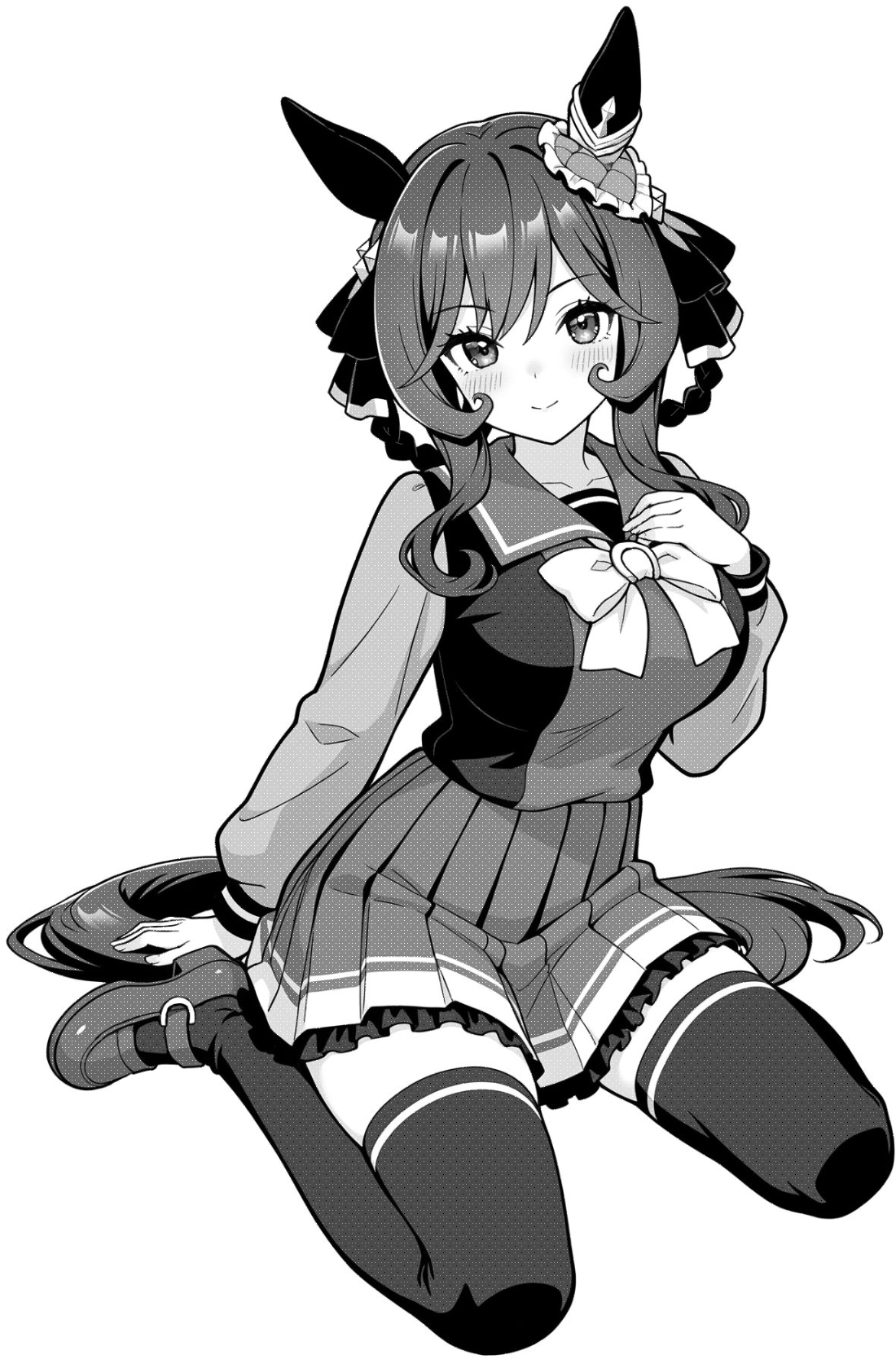 akagi koku, gentildonna (umamusume), umamusume, commentary, highres, 1girl, animal ears, blush, bow, bowtie, breasts, closed mouth, collarbone, frilled skirt, frills, full body, greyscale, hair ribbon, horse ears, horse girl, horse tail, large breasts, long hair, long sleeves, looking at viewer, monochrome, pleated skirt, ribbon, sailor collar, school uniform, shirt, shoes, simple background, sitting, skirt, smile, solo, tail, thighhighs, tracen school uniform, wariza, zettai ryouiki